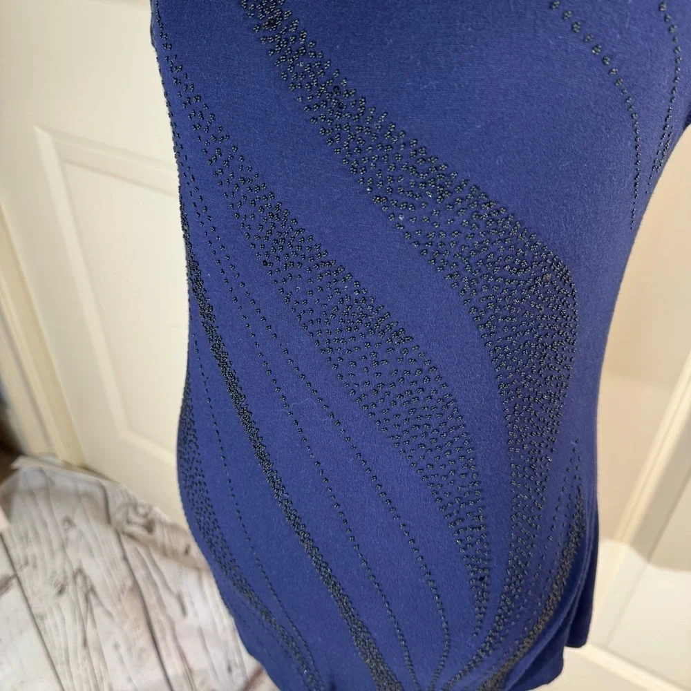 Carole Little Navy Short Sleeve Scoop Neck Top with Beading PL
